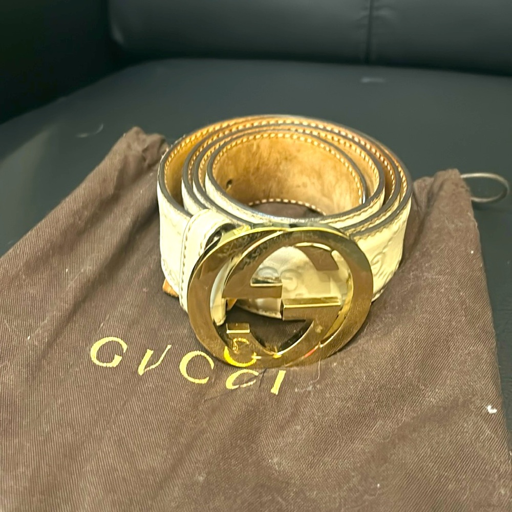 Authentic Gucci Guccissima Interlocking G Cream Ivory Belt 85